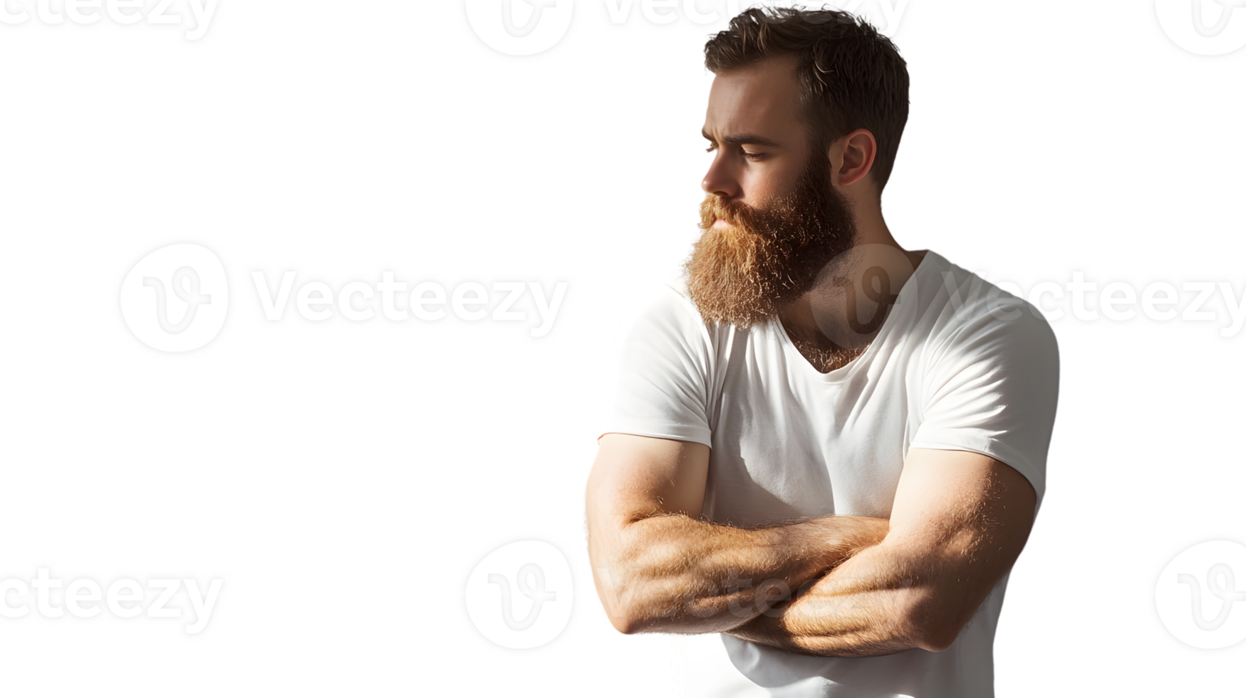 Thoughtful Man with Beard in White TShirt Arms Crossed Side Profile Studio Shot High Contr png