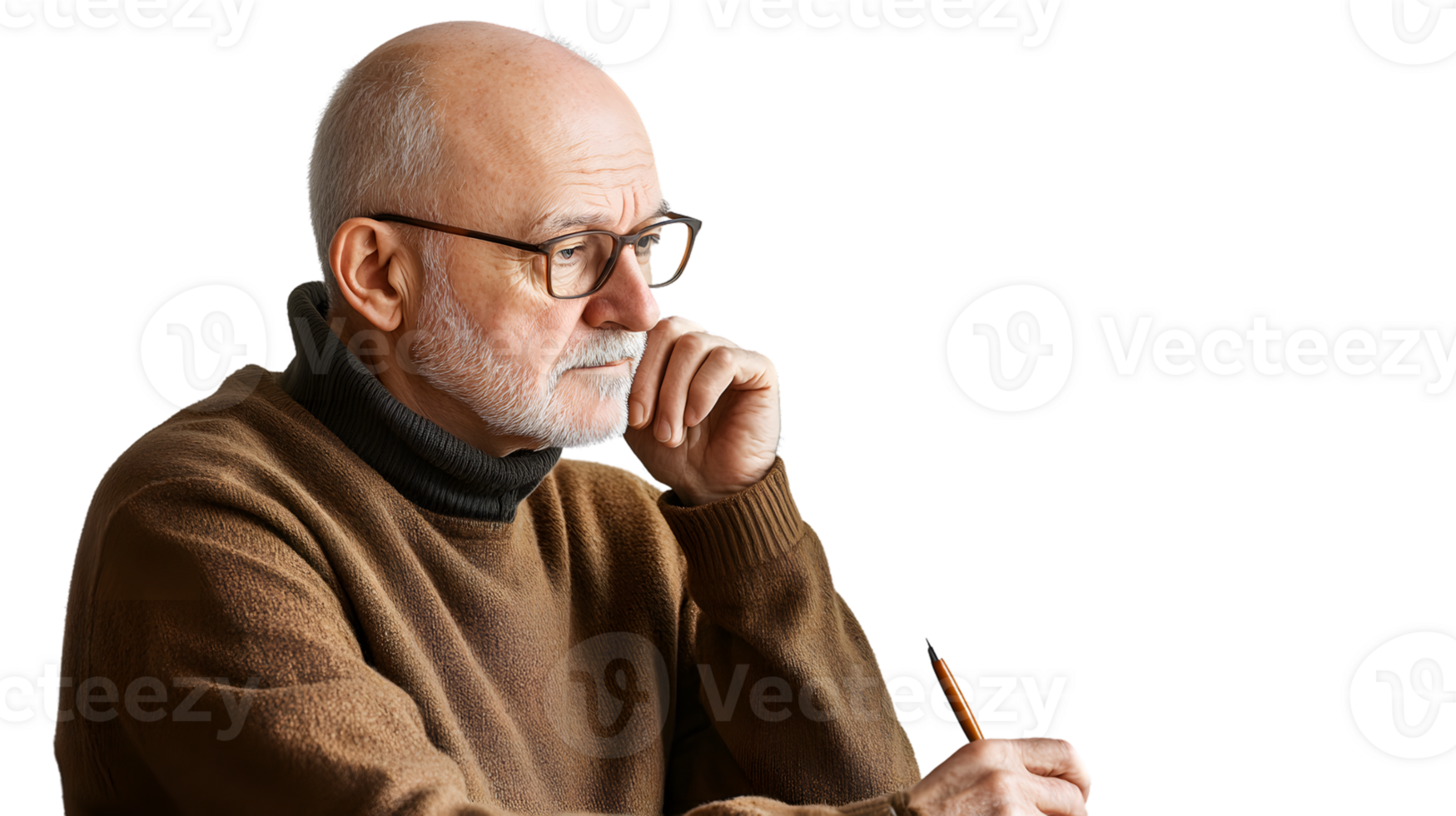 Thoughtful Elderly Man with Glasses and a Pencil Contemplative Pose for Creativity and Wisdom png