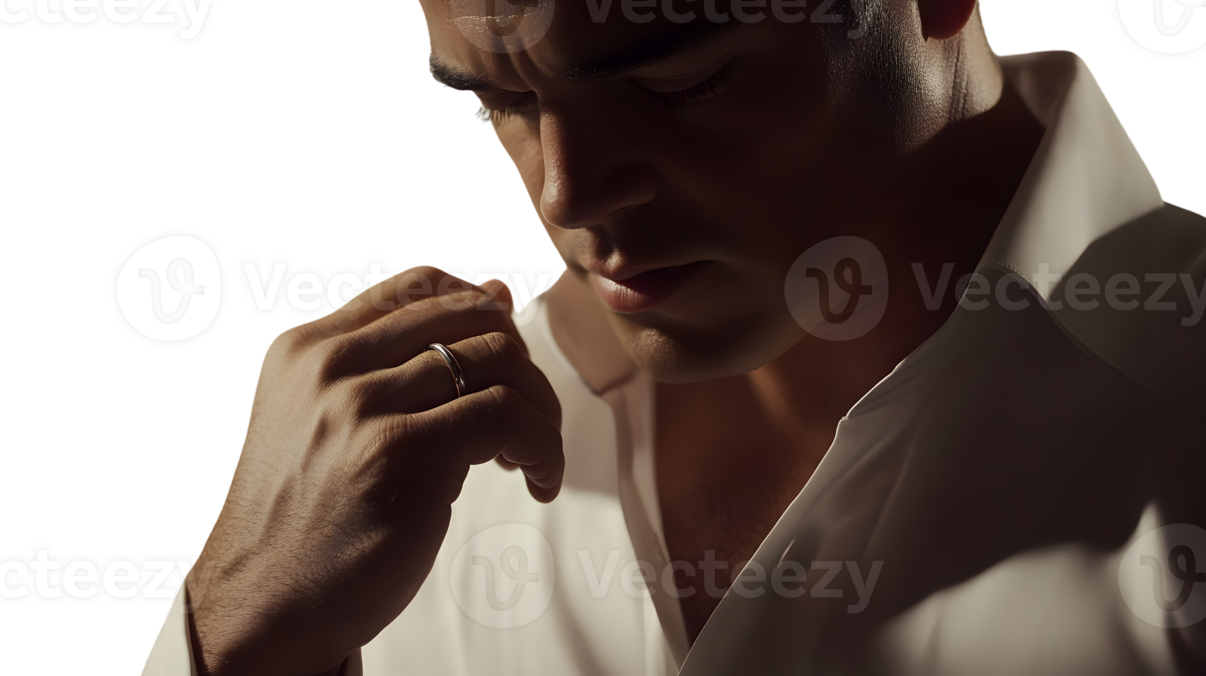 Thoughtful Man in White Shirt with Ring CloseUp Portrait Dramatic Lighting Introspective Mo png