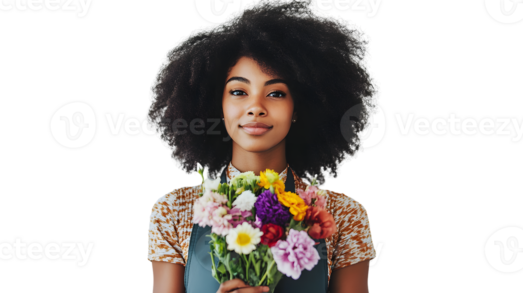 Woman with Afro Holding Colorful Bouquet of Flowers png