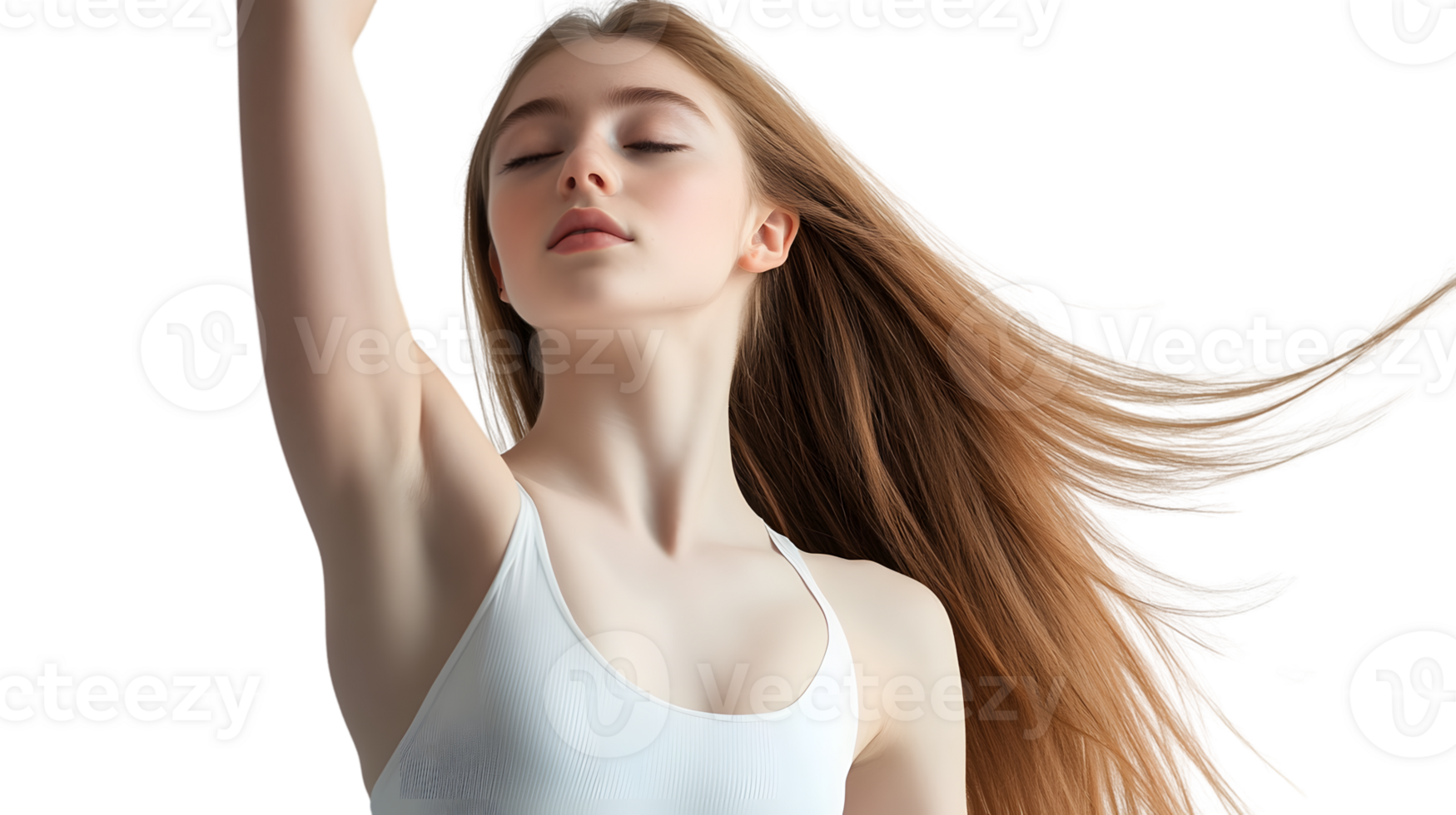 Woman with long flowing hair and white top beauty and haircare concept png
