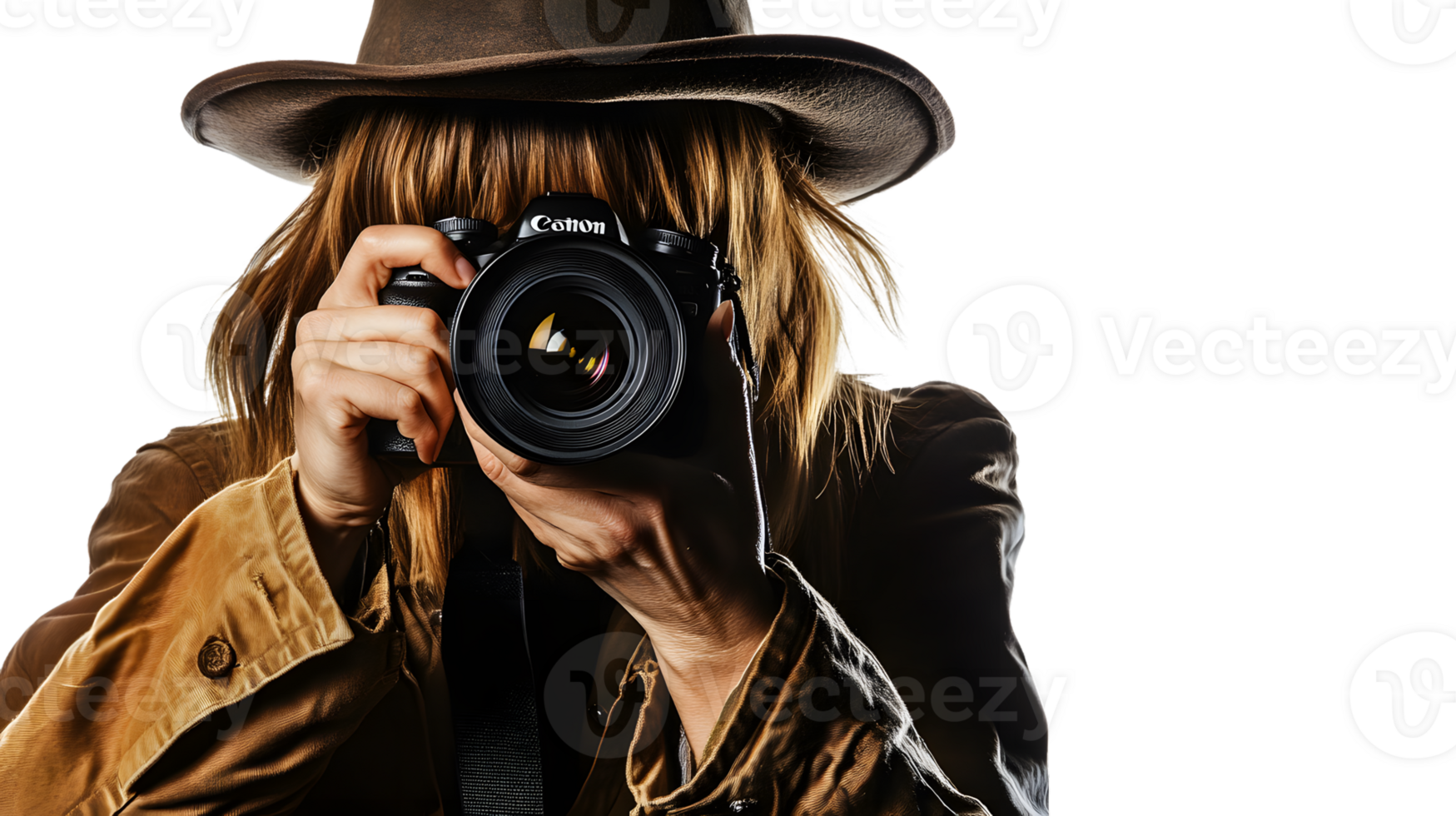 Woman with a camera wearing a hat taking a photograph png
