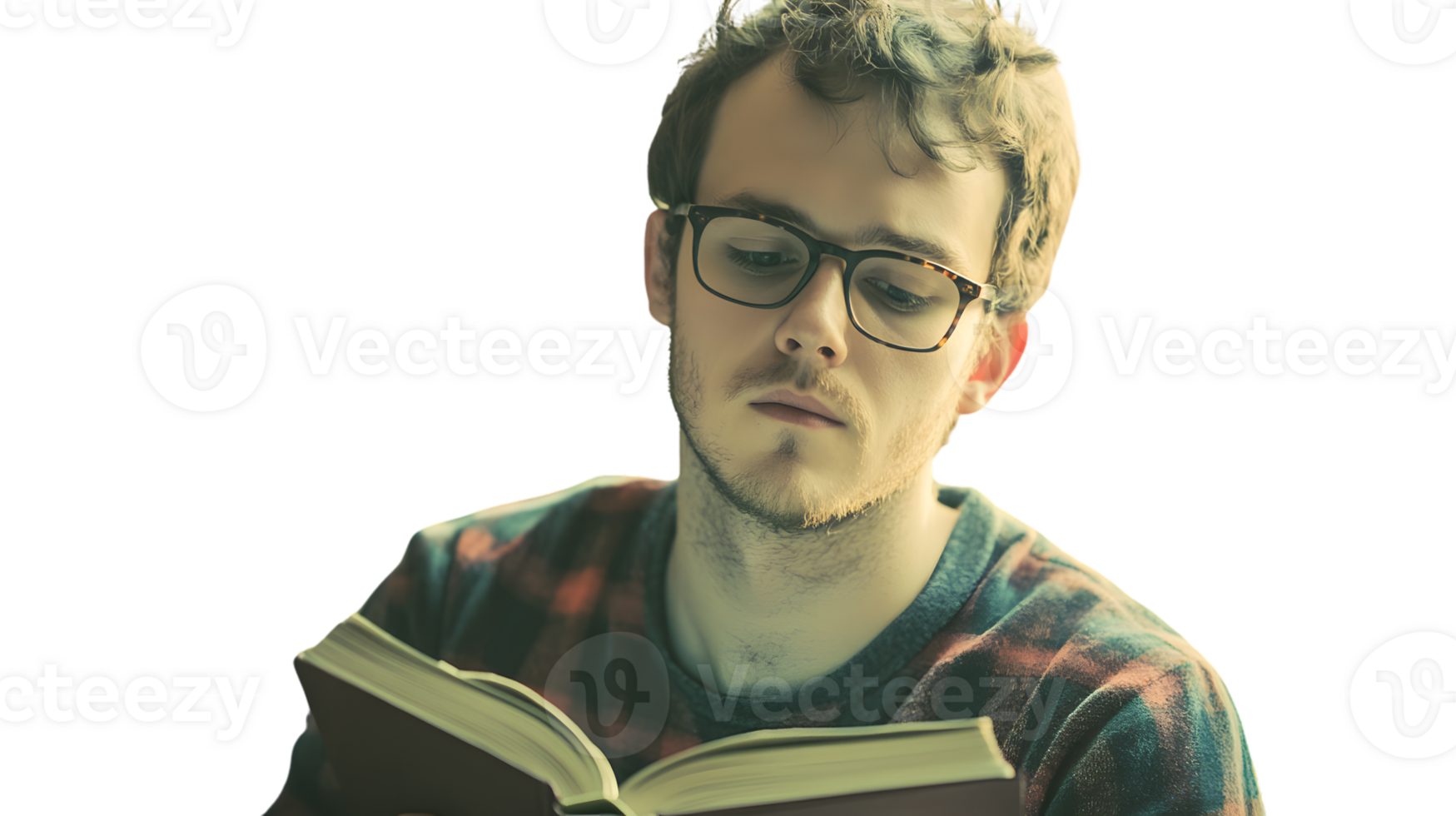 Young man reading a book concentrated expression glasses plaid shirt png