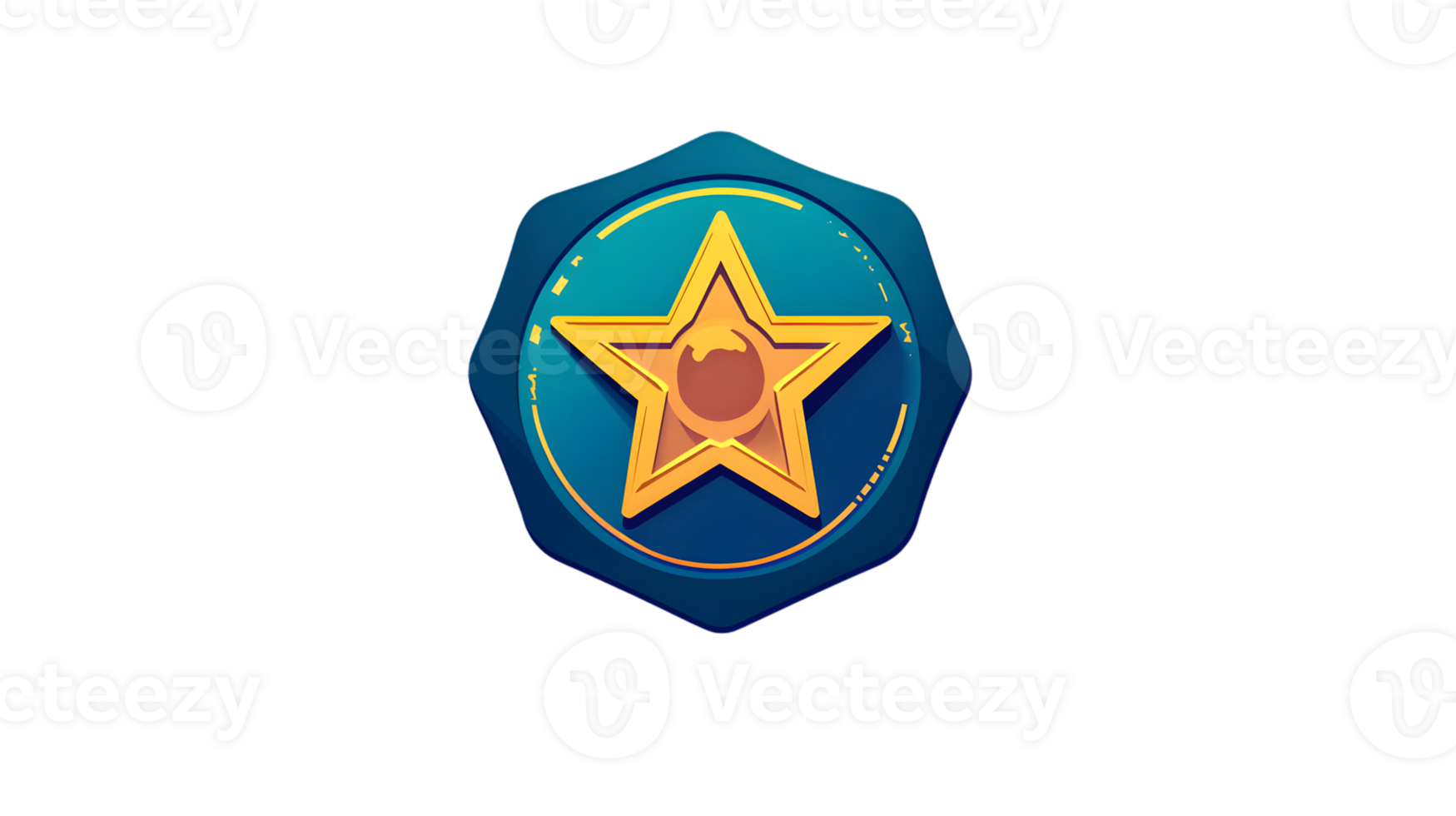3D Render of a Golden Star Award Badge on Blue Circular Seal png