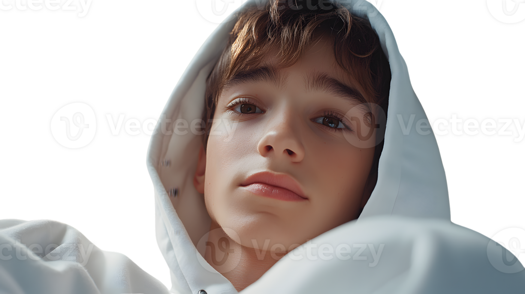 Youth in Hoodie CloseUp Portrait of a Young Individual Wearing a White Hooded Sweatshirt Exp png