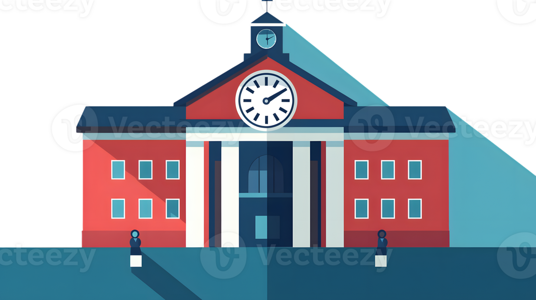 A clock tower on a classic building with two figures standing in front ideal for education ti png