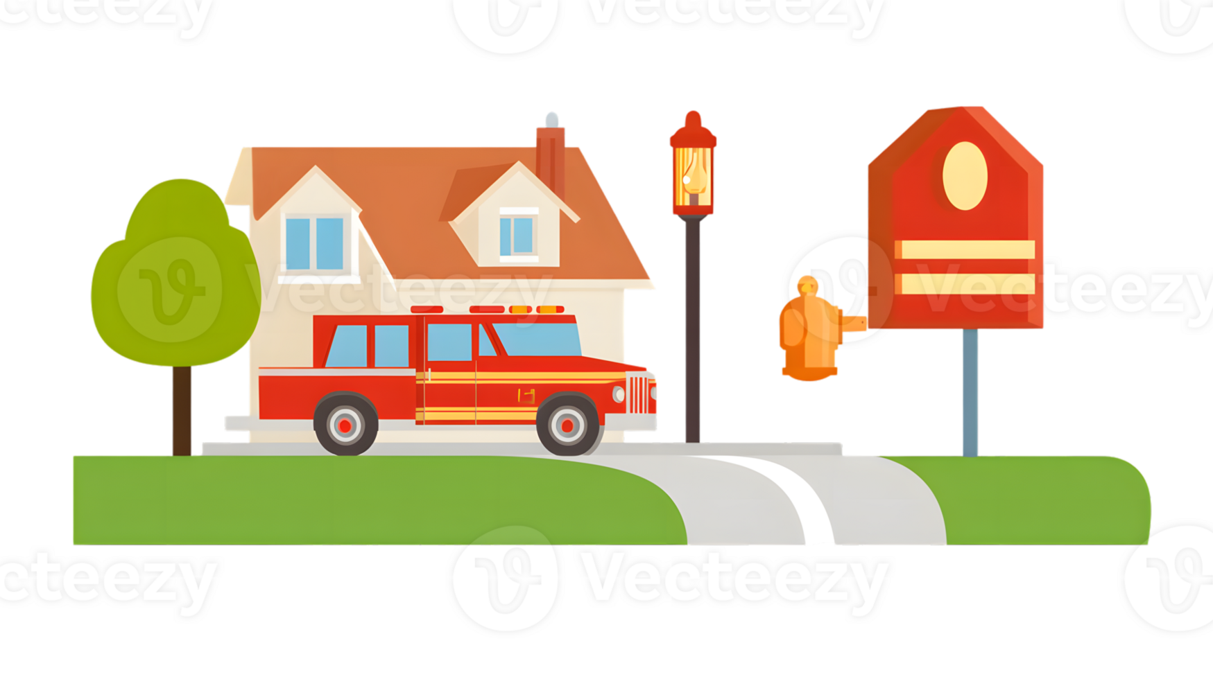 A cozy home scene with a fire truck parked outside featuring a mailbox street lamp and tree png