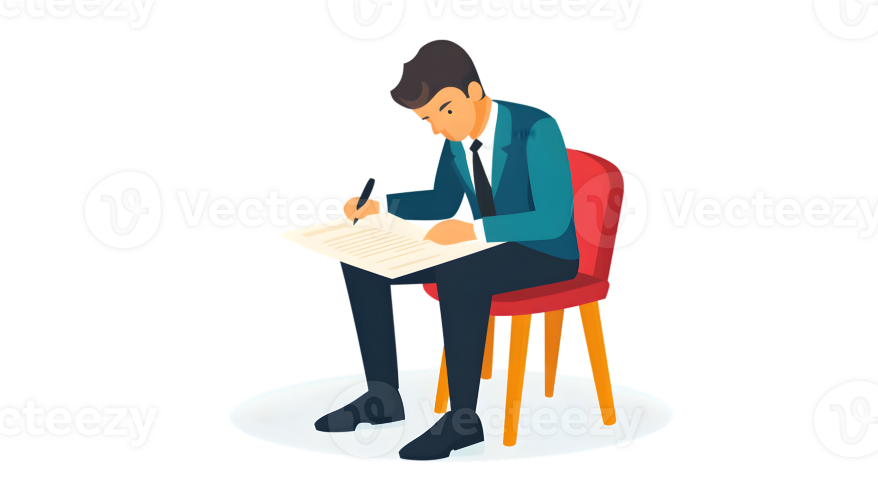 A professional individual diligently writing on a document while seated in a red chair ideal f png