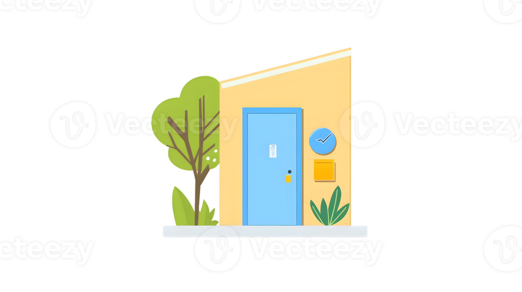 A welcoming entrance with a blue door clock and greenery ideal for home office or communit png