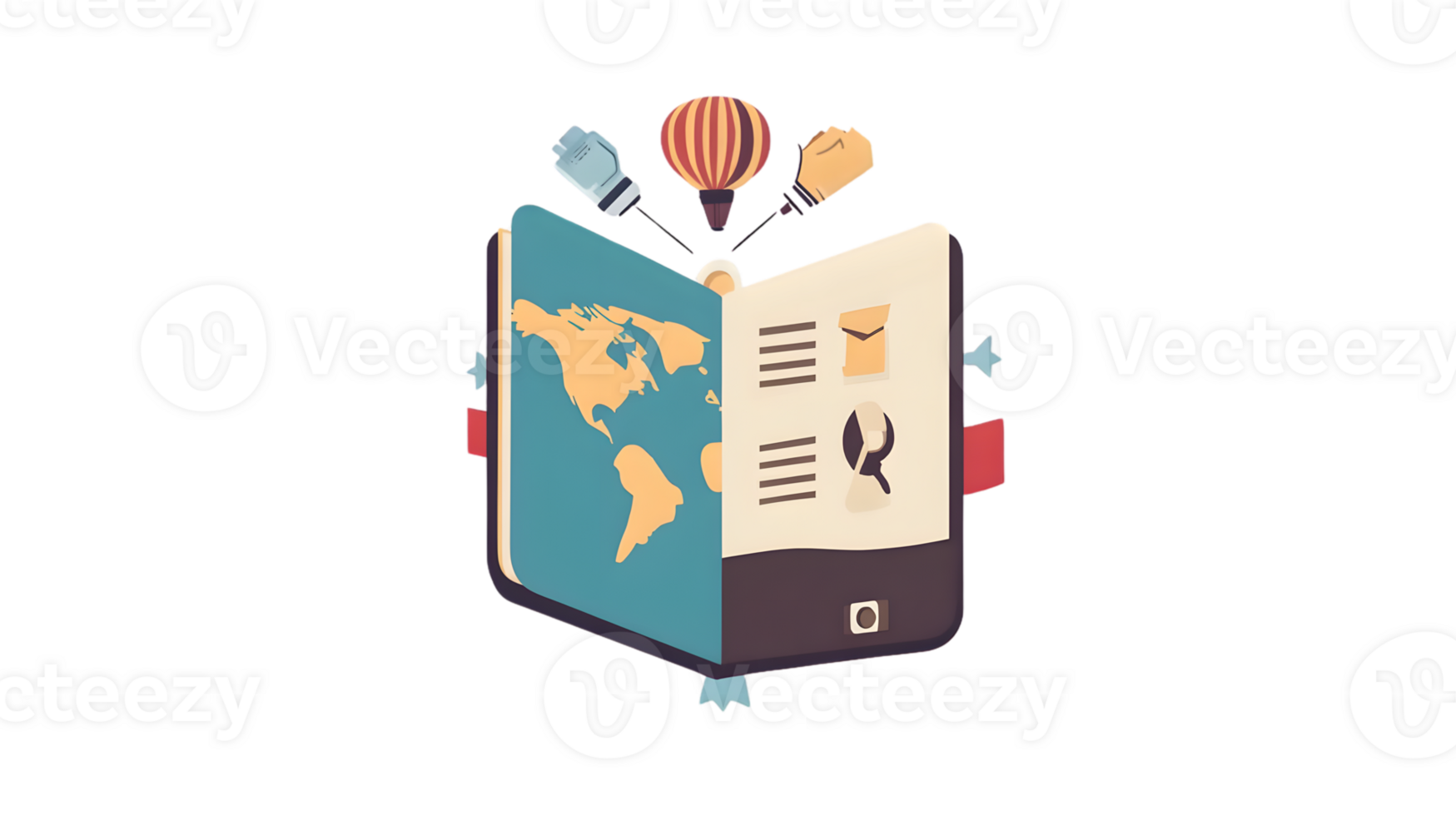 An open book with a world map travel icons and adventure elements floating above it png