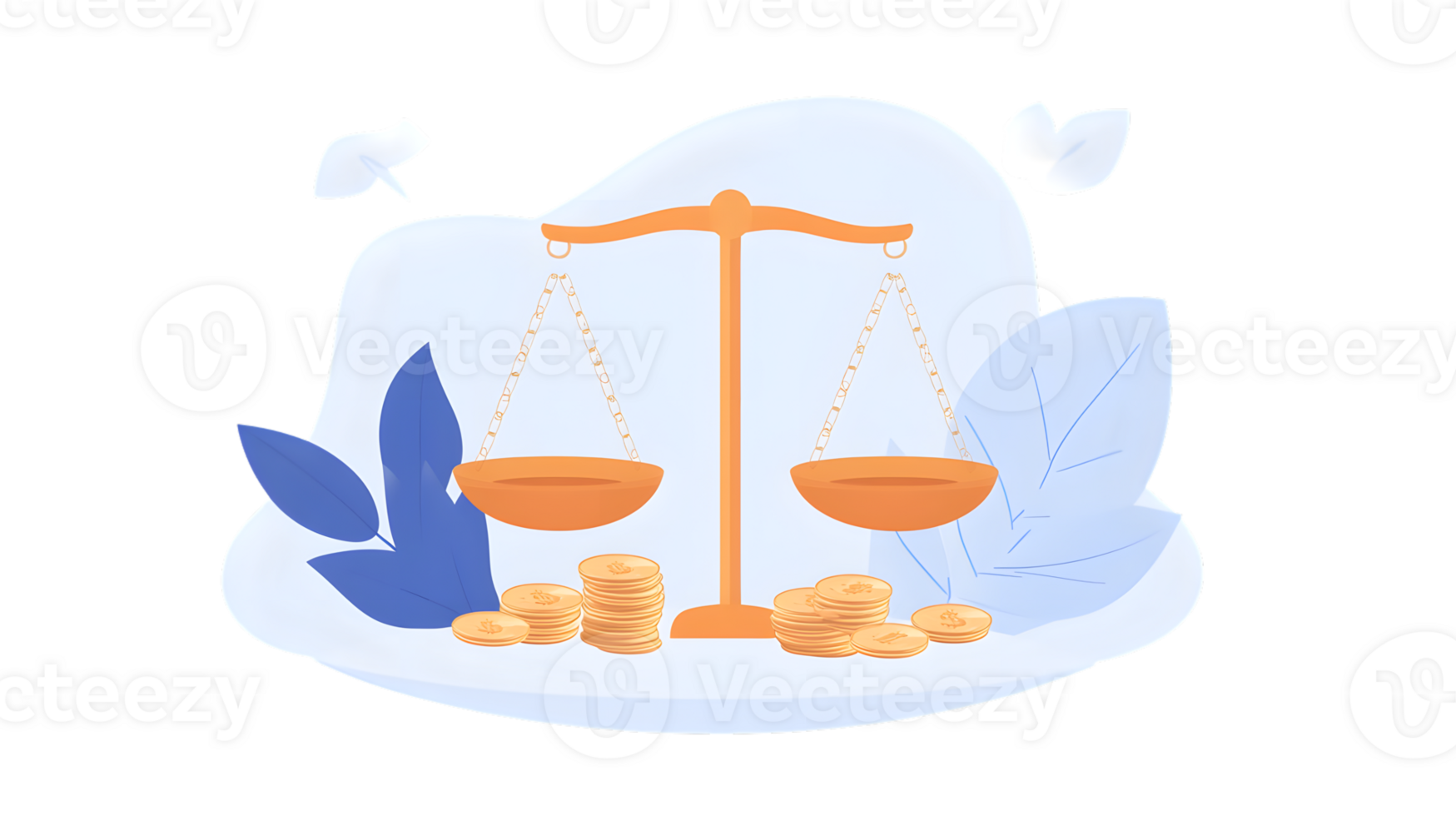 Balance and Wealth A Scale with Coins and Leaves Illustration png