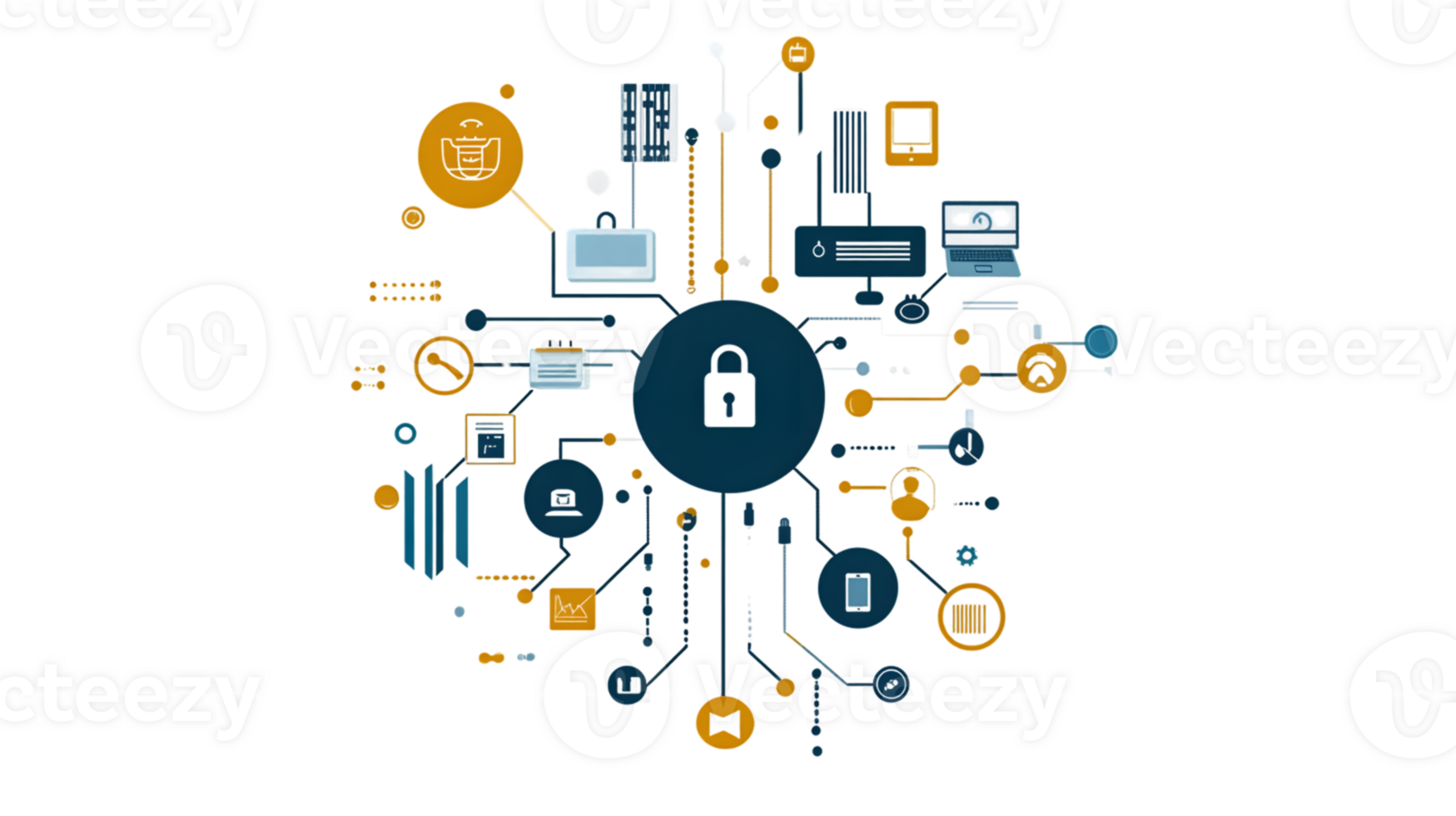 Cybersecurity Network Diagram Featuring Lock Icon Connected Devices and Data Protection Eleme png