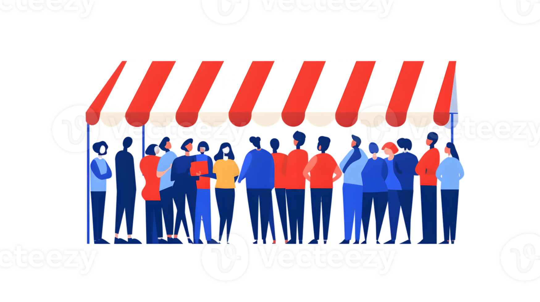 Crowd of people under striped awning market scene diverse group illustration png