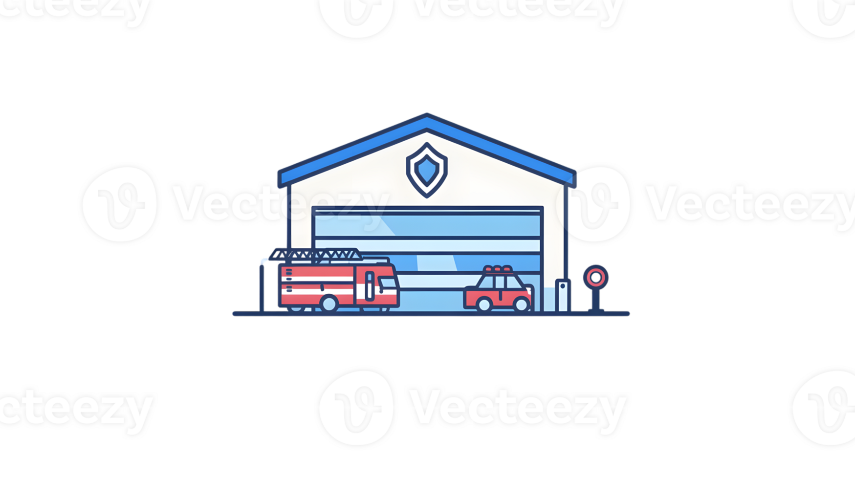 Fire Station with Emergency Vehicles Illustration of a Garage Housing Fire Truck and Car Idea png