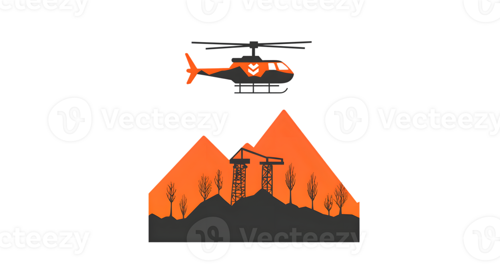 Helicopter Hovering Over Industrial Landscape with Mountains and Trees png
