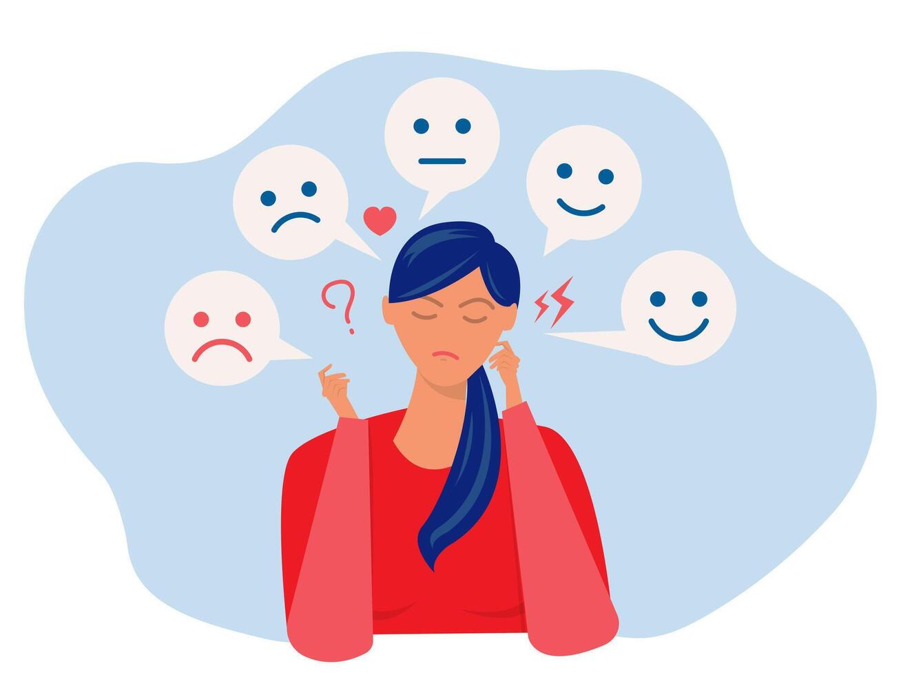 Businesswoman suffers from hormonal with a change in mood. Mental health Suffering from bipolar disorder,emotional themes. sad, angry, bored, sad. flat illustration. vector