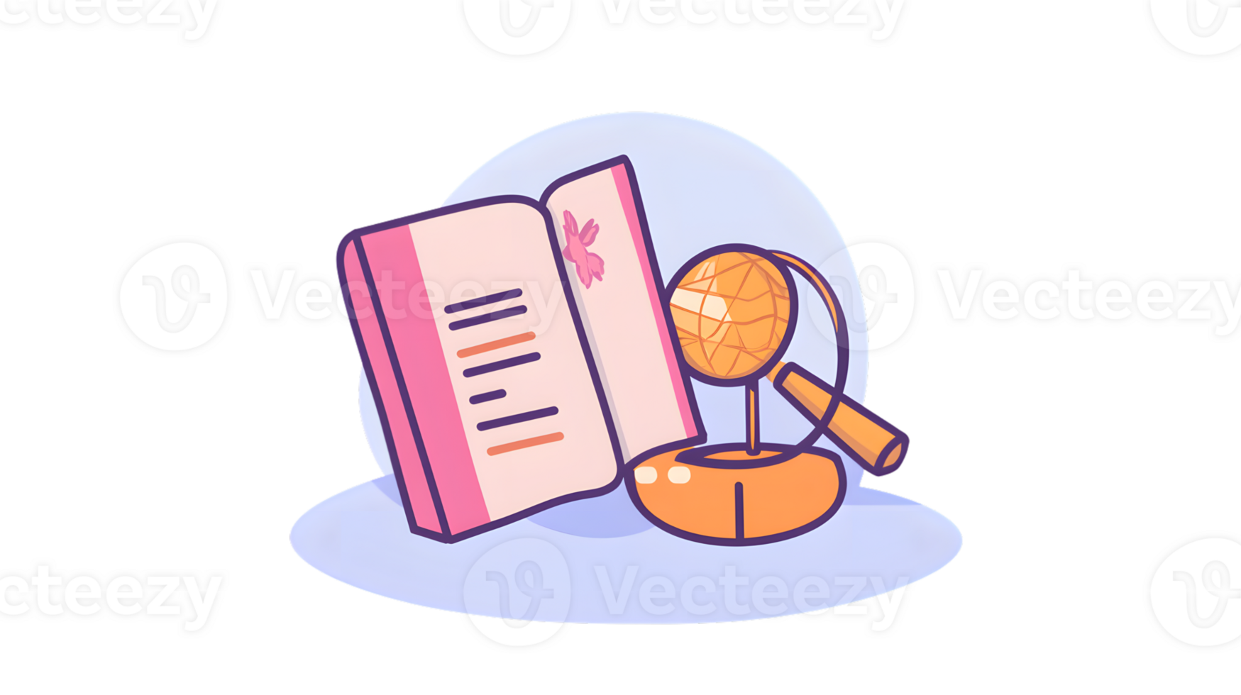 Illustrative depiction of an open book magnifying glass and globe for educational or research png