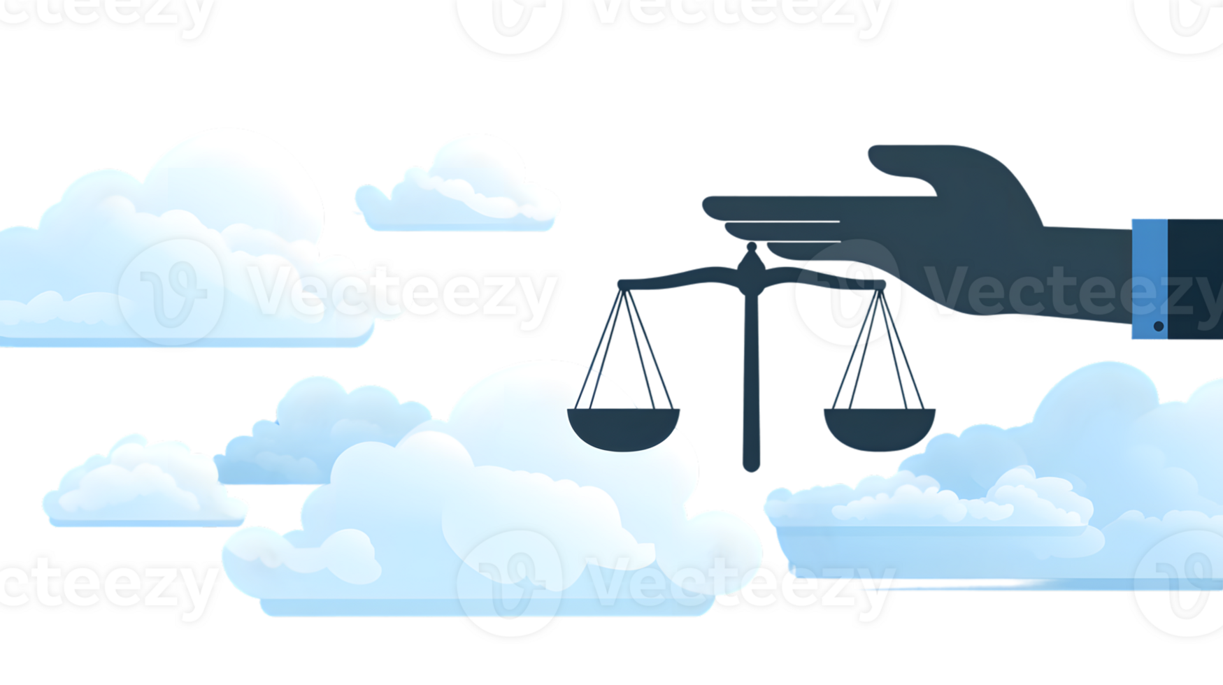 Justice in the Clouds A Hand Holding Scales Amidst Fluffy White Clouds Against a Dark Backgrou png