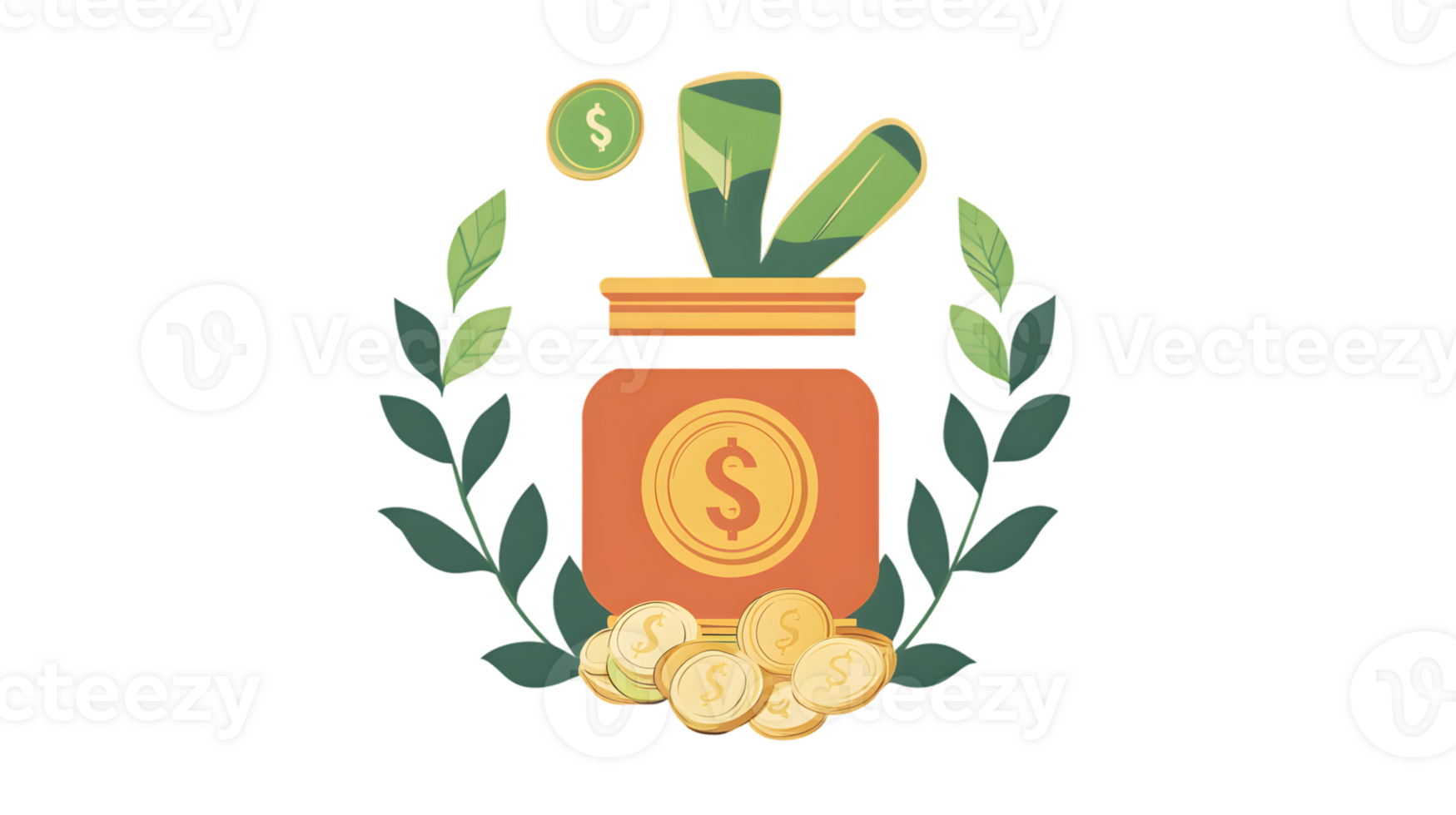 Money Jar with Coins and Leaves Financial Growth and Savings Symbol png