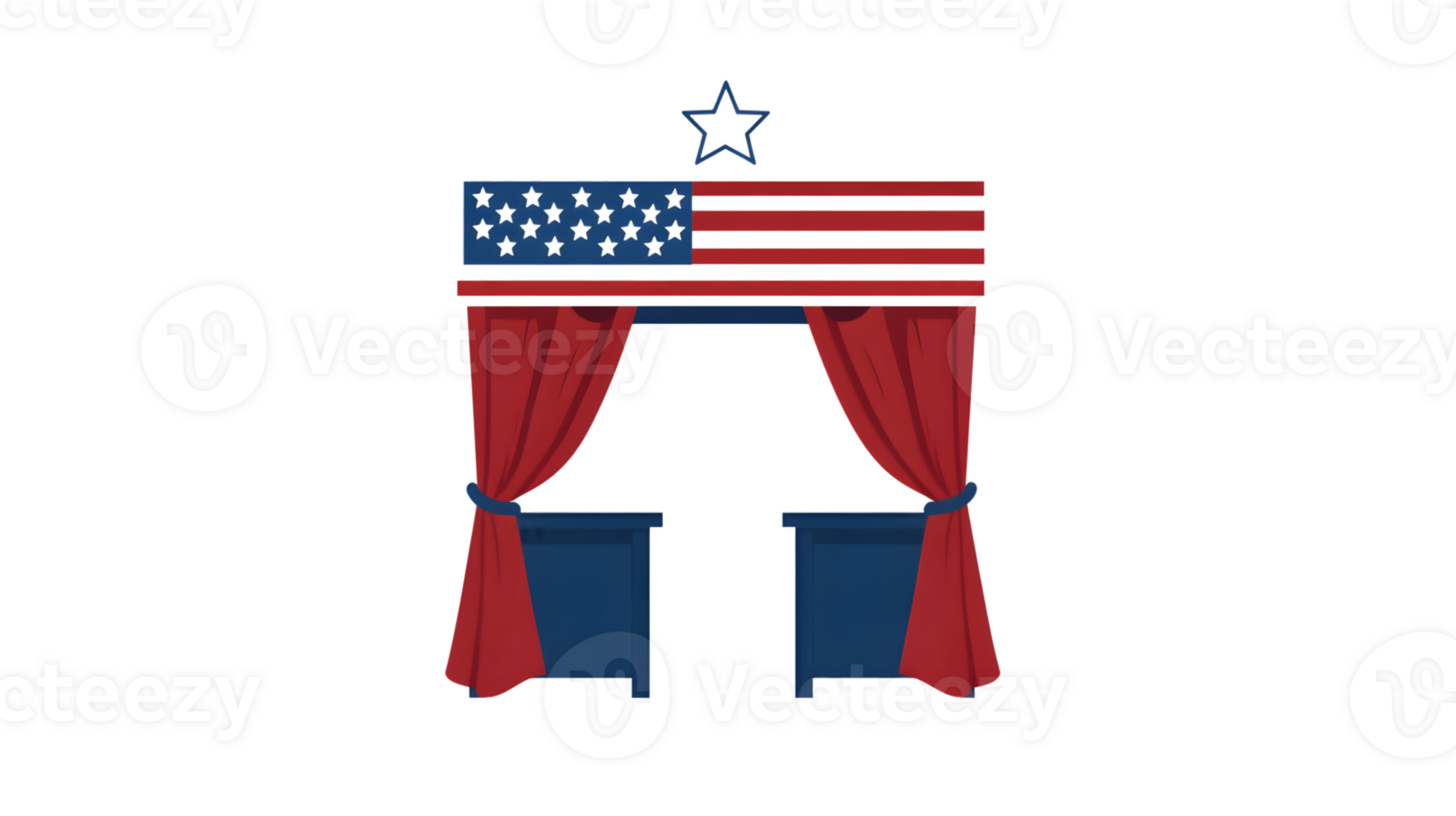 Political Debate Stage with American Flag Design and Red Curtains png