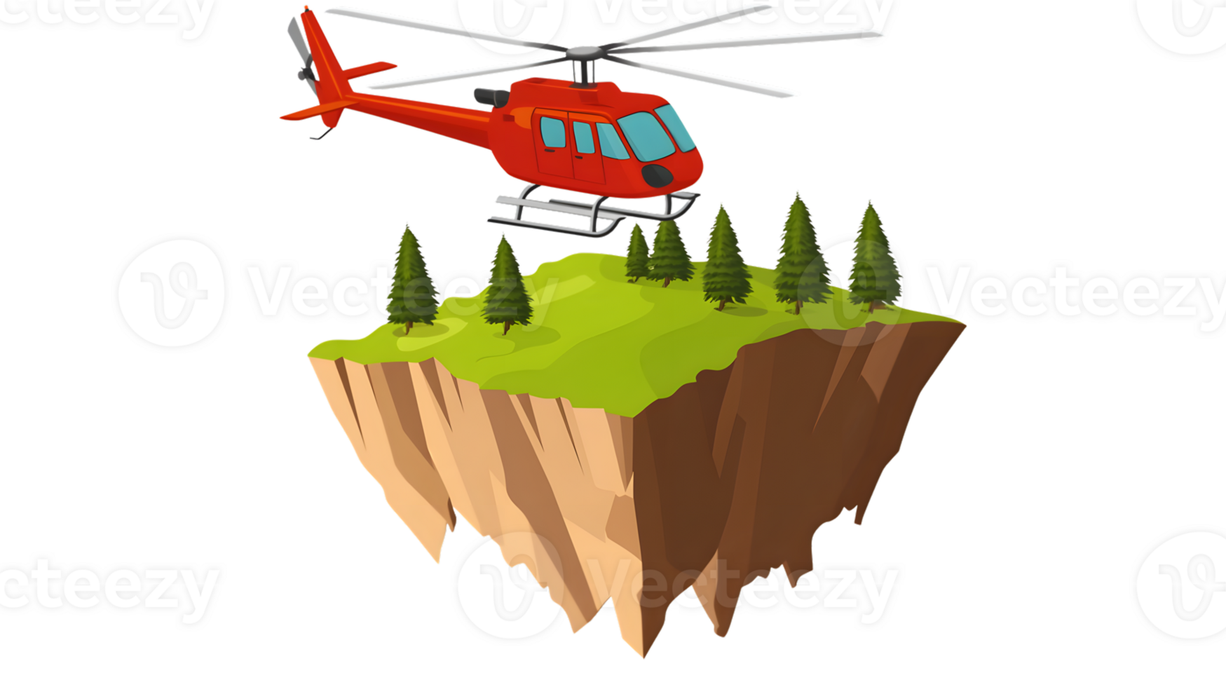 Red Helicopter Flying Over a Clifftop Island with Trees png