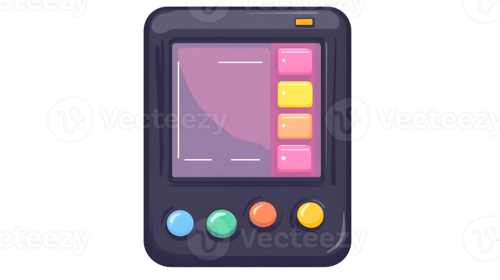 Retro Handheld Gaming Device with Colorful Buttons and Screen Display png
