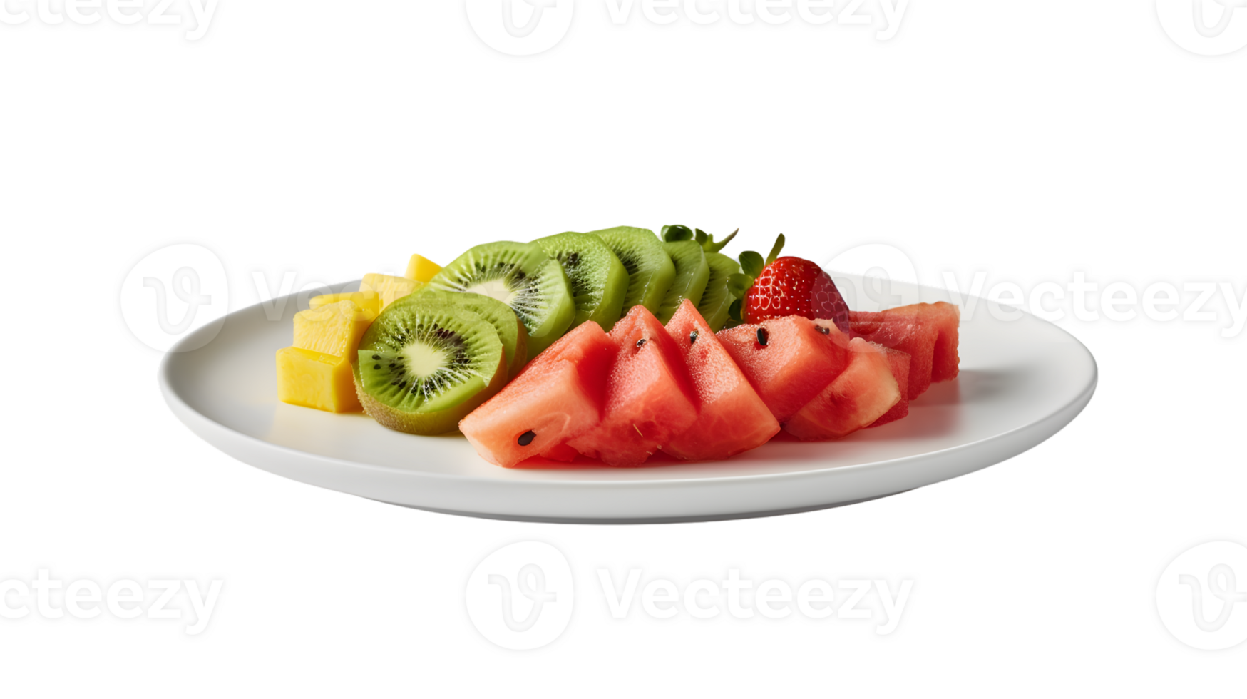 A plate of fresh colorful fruits including slices of tropical delights and juicy red pieces png