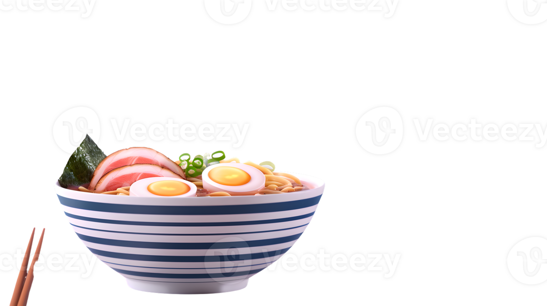 A steaming bowl of ramen with softboiled eggs sliced meat and fresh vegetables perfect for png