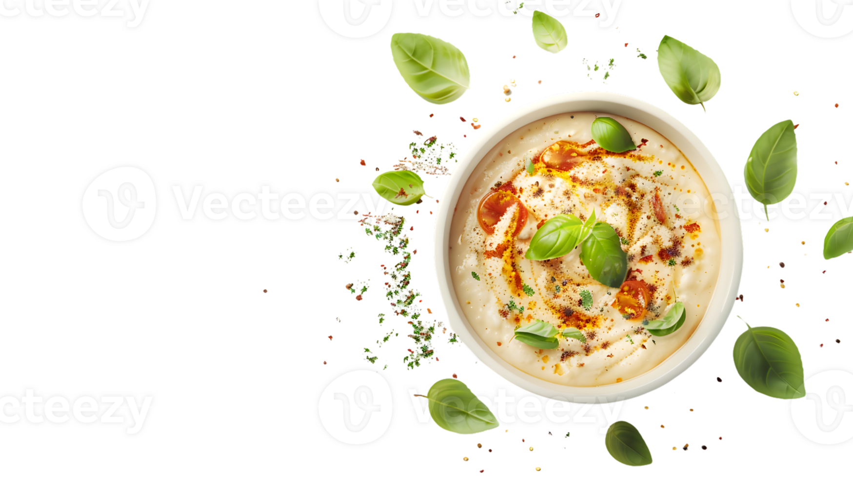 A creamy soup garnished with fresh herbs and spices surrounded by floating ingredients for a d png