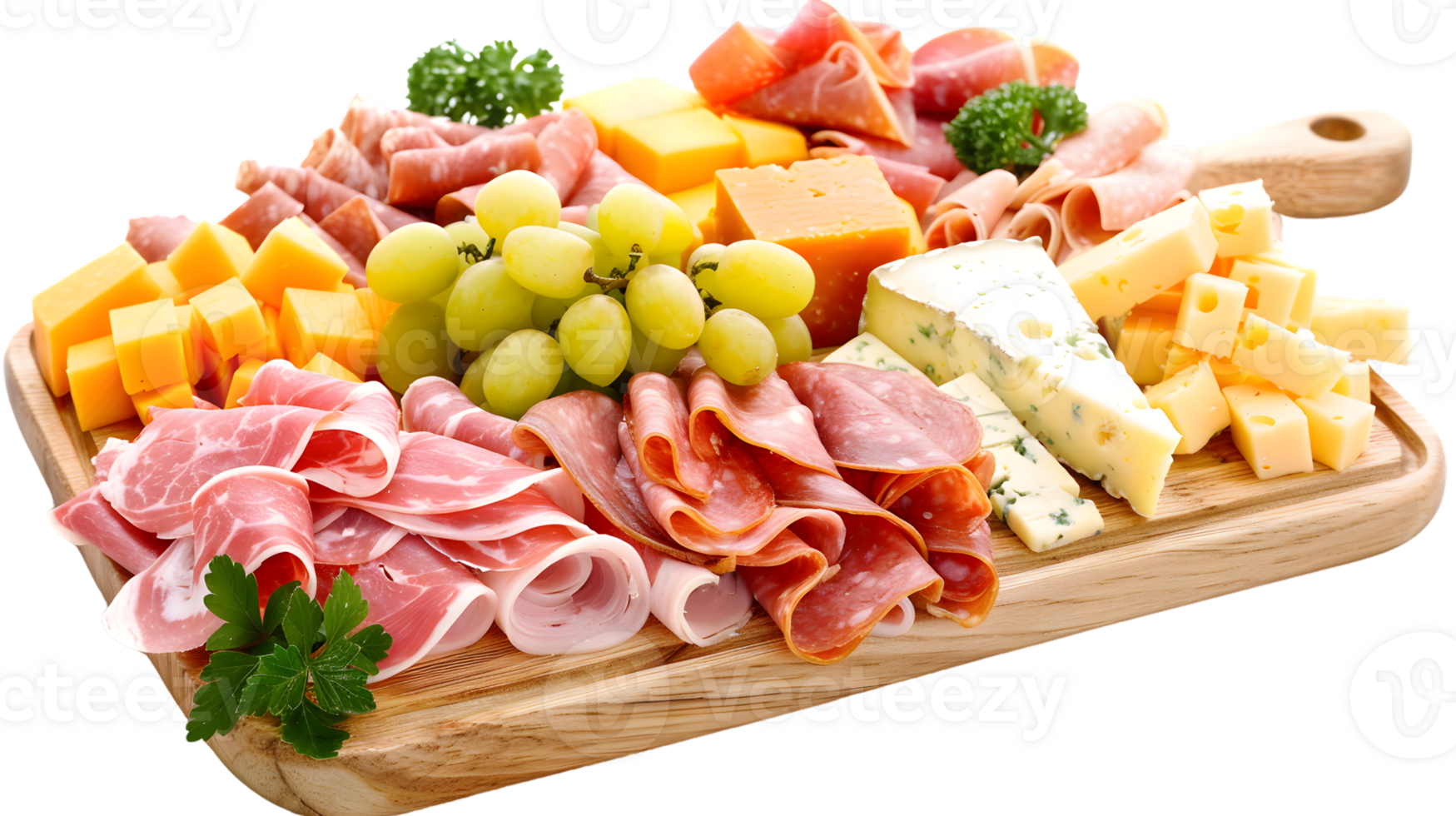 A delicious platter of assorted cured meats and cheeses with grapes png