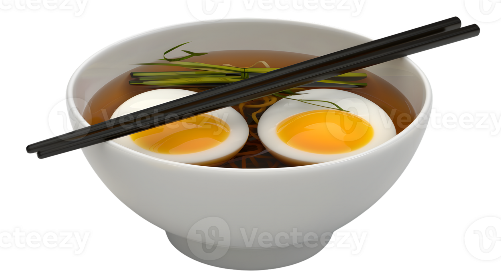 A steaming bowl of ramen with softboiled eggs green onions and chopsticks ready to enjoy png