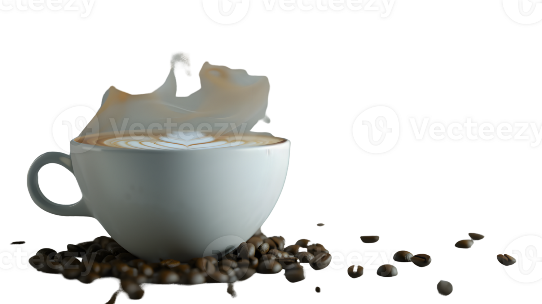 A steaming cup of coffee with latte art surrounded by coffee beans perfect for culinary and be png