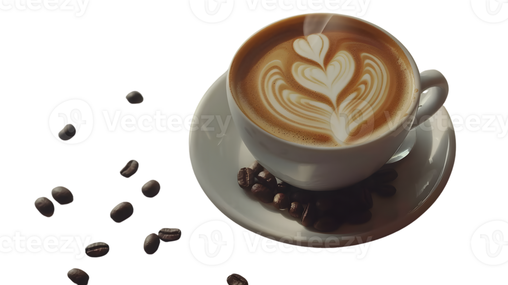 A steaming cup of coffee with intricate latte art surrounded by coffee beans perfect for culin png