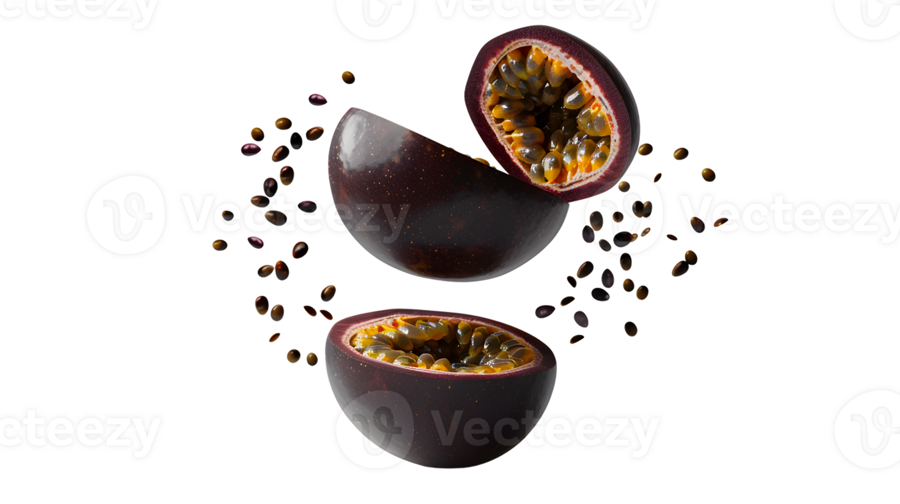 A vibrant tropical fruit split open revealing juicy interior and seeds ideal for culinary and png