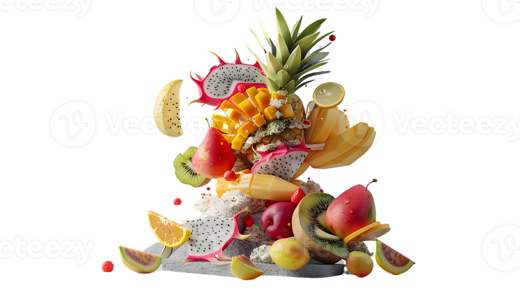 A vibrant explosion of fresh fruits showcasing a colorful assortment of slices and pieces in m png