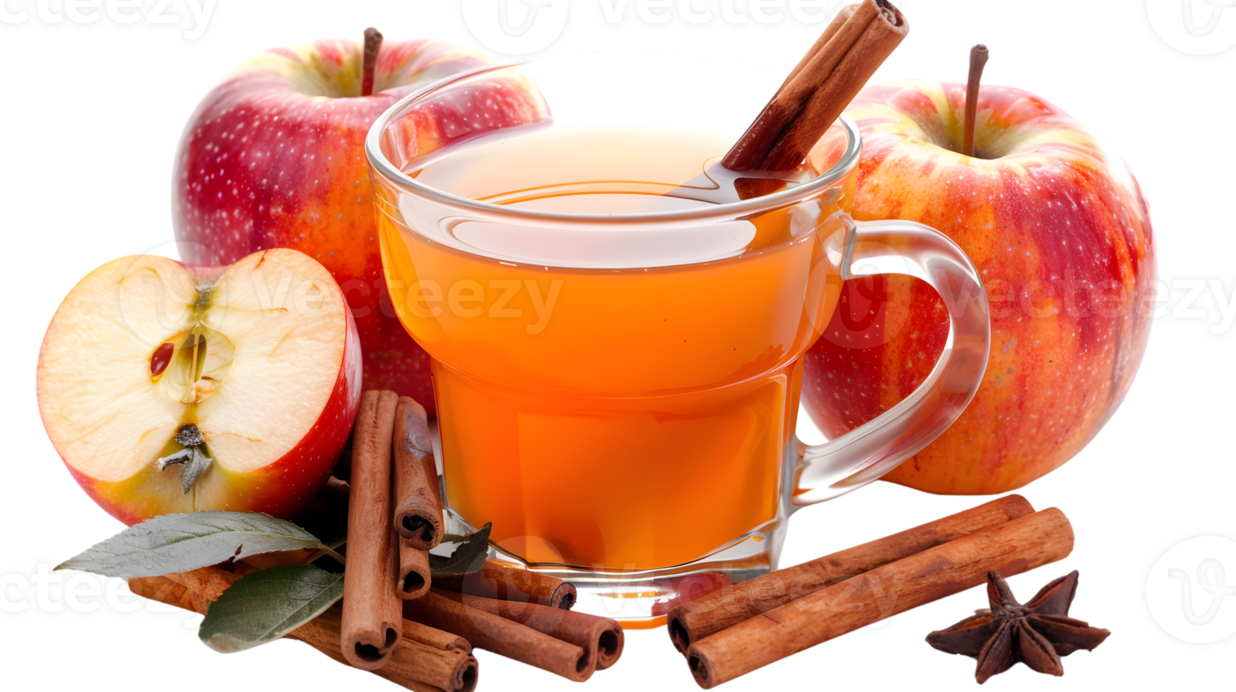 Apple Cider Drink with Cinnamon and Apples in Glass Mug png