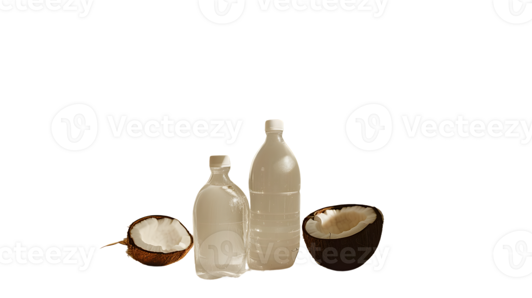 Coconut Water Bottles and Fresh Halves Healthy Beverage and Natural Ingredients png