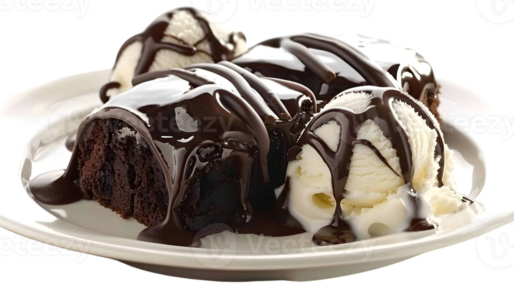 Chocolate brownie dessert with vanilla ice cream and chocolate sauce png
