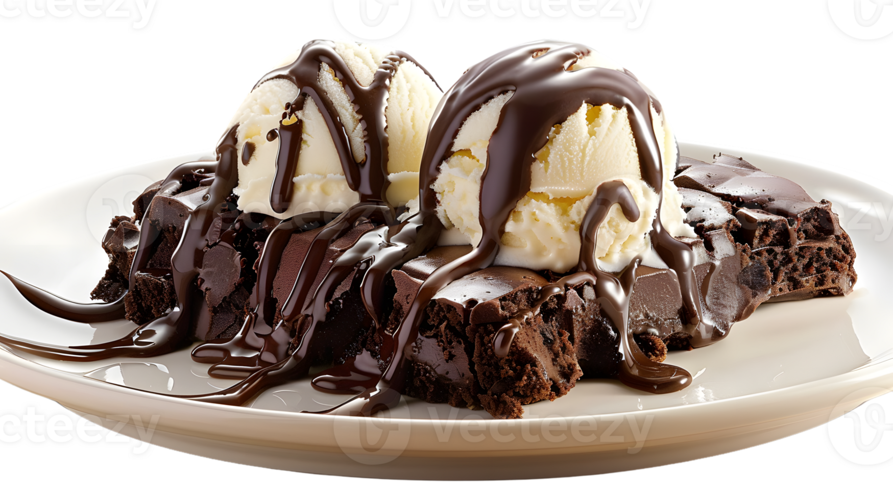 Chocolate Brownie Sundae with Vanilla Ice Cream and Chocolate Sauce png
