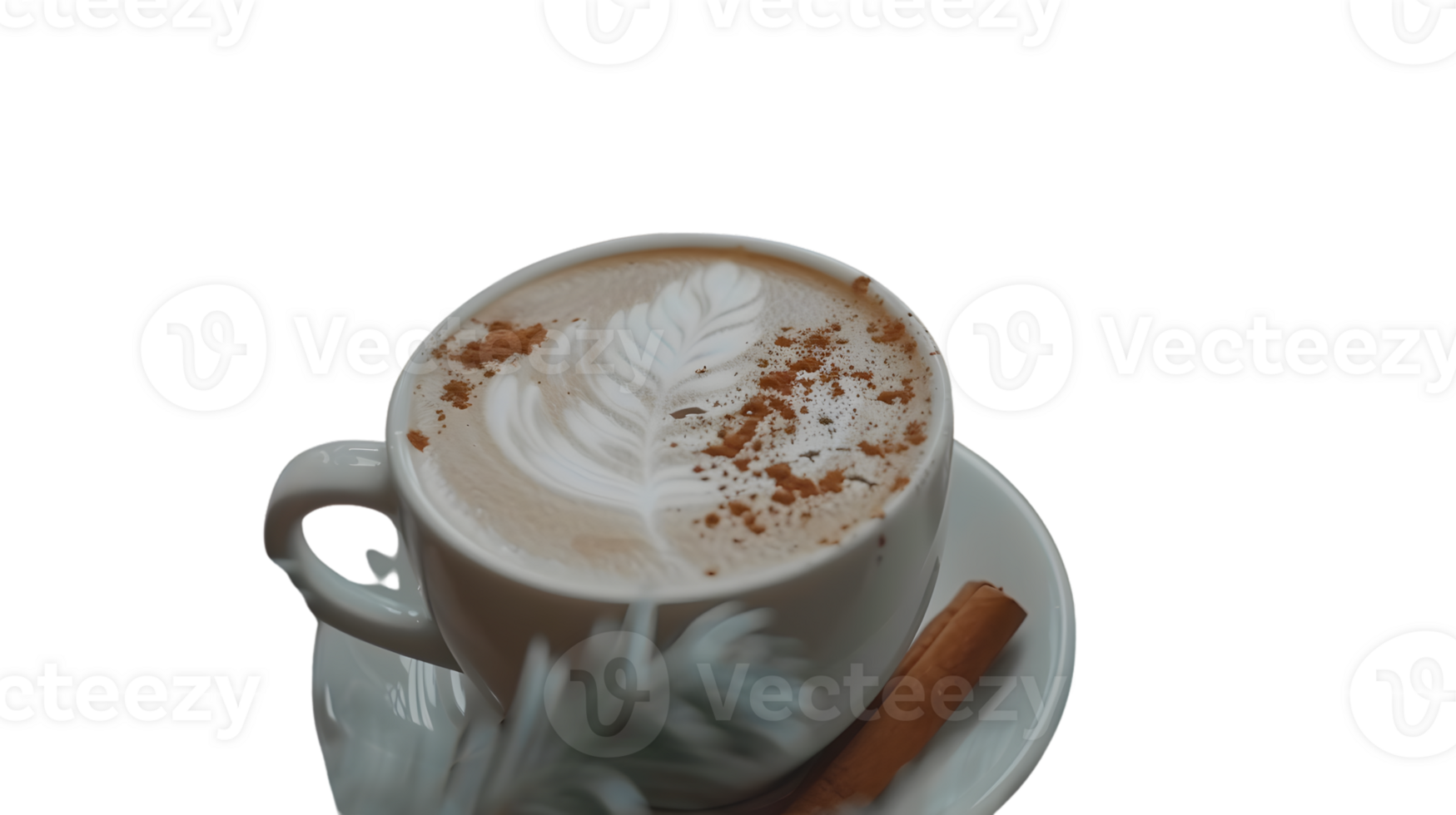 Delicious Cappuccino with Artistic Latte Design and Cinnamon Stick on a White Saucer png