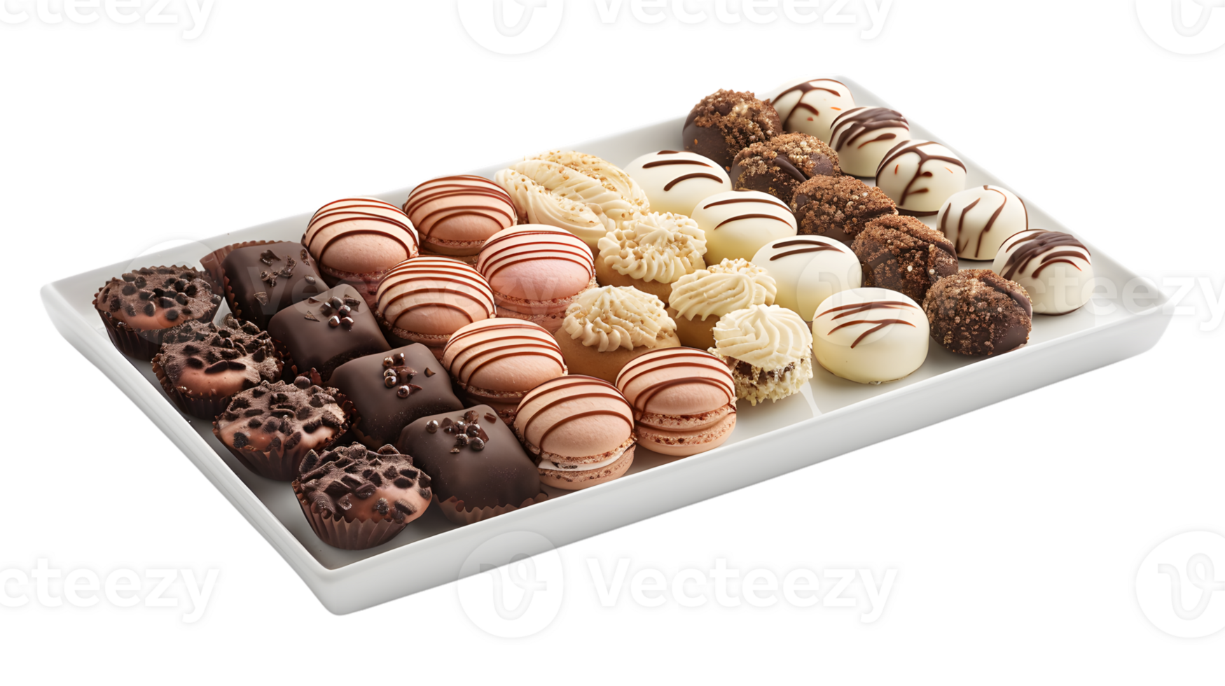 Delicious Assorted Confections on a White Plate A Tempting Display of Chocolate Macarons and png