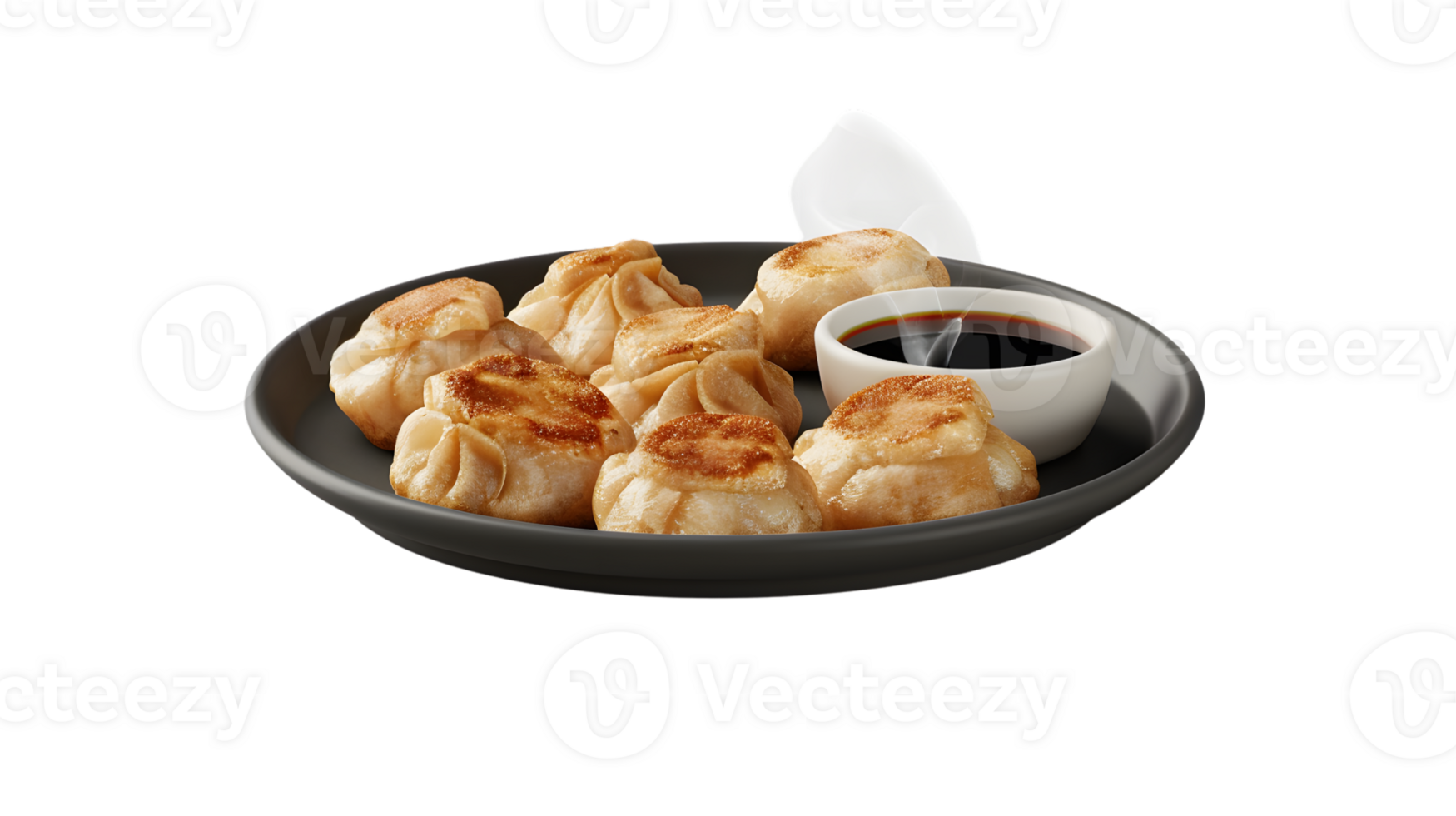 Delicious PanFried Dumplings with Dipping Sauce on a Modern Plate Perfect for Culinary and Fo png