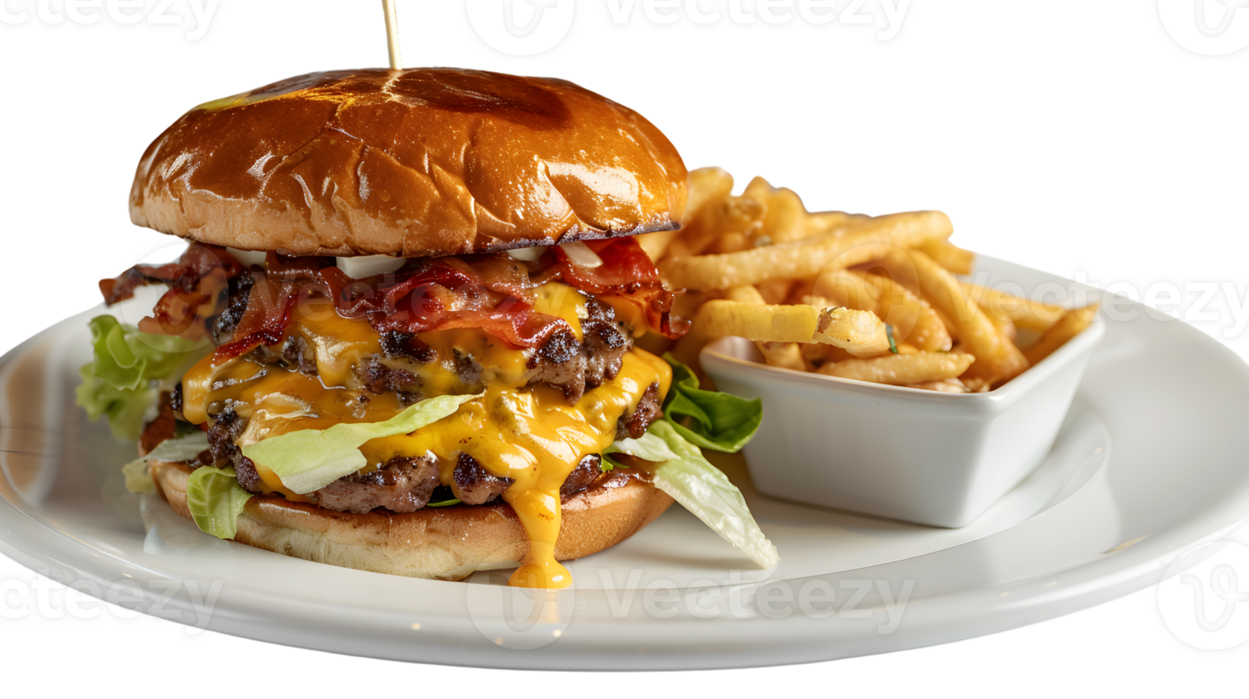 Double Cheeseburger with Bacon and French Fries on Plate png