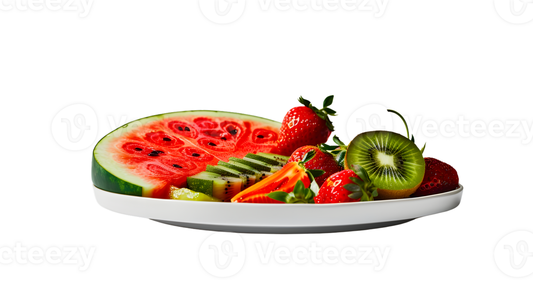 Fresh Fruit Platter with Sliced Watermelon Strawberries and Kiwi on a White Plate png