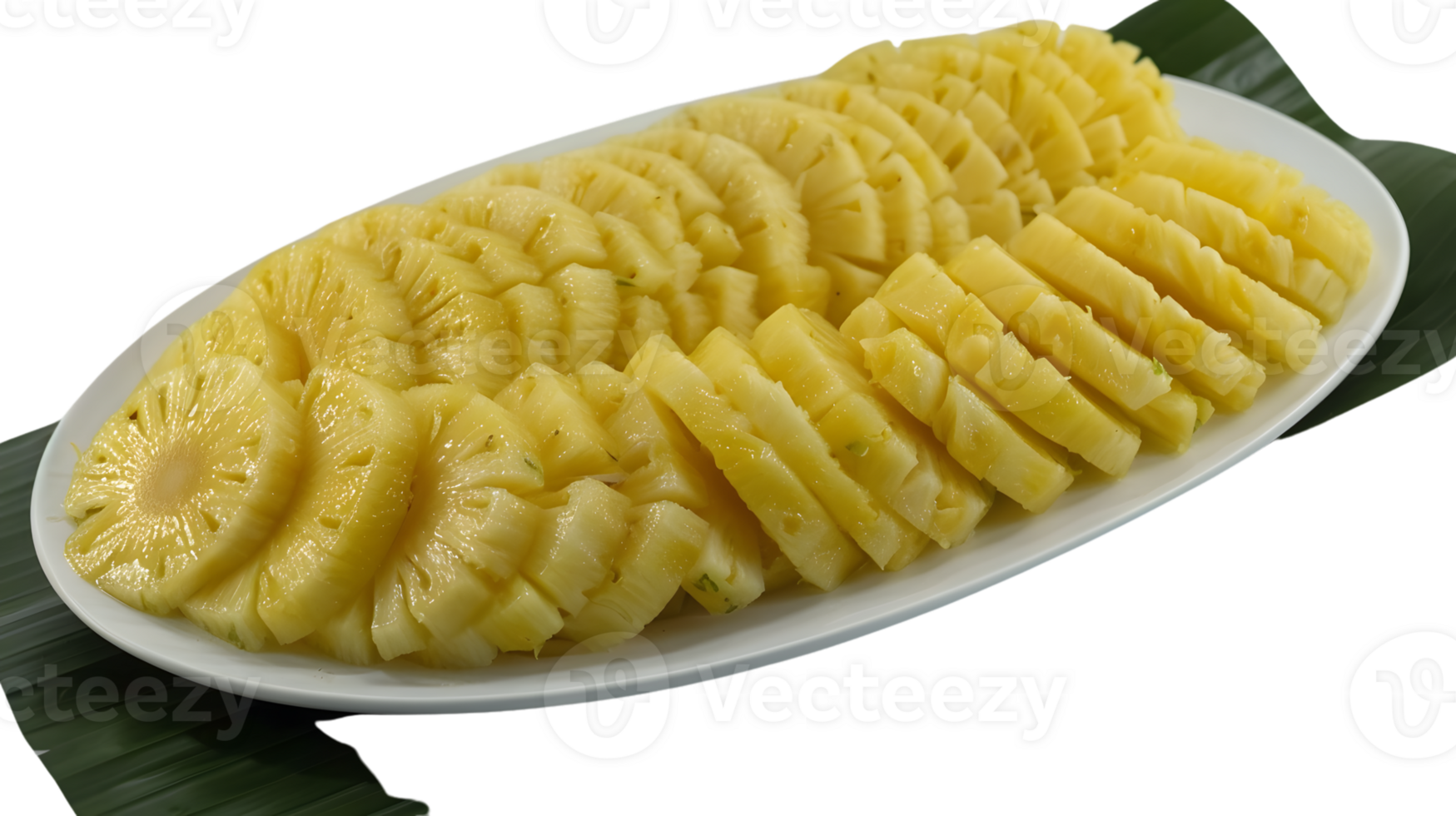 Freshly Sliced Pineapple on a White Plate with Green Leaves Perfect for Healthy Eating and Cul png