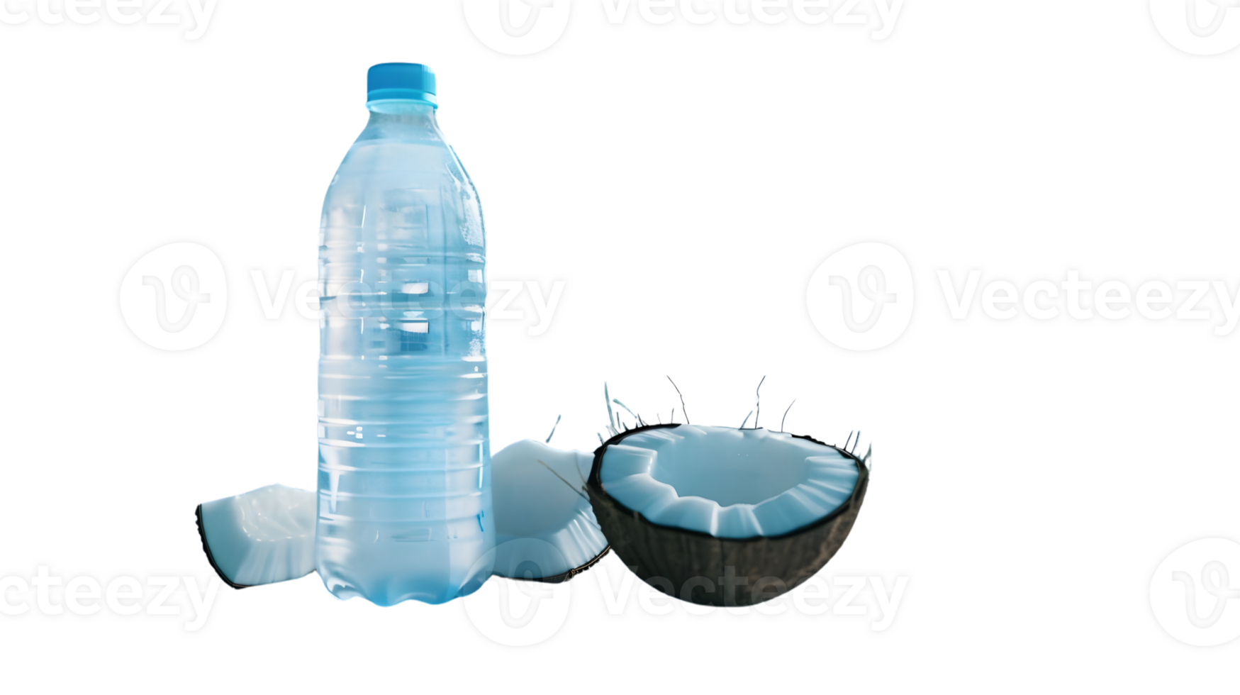 Refreshing Beverage and Natural Hydration Source A Plastic Water Bottle and Coconut Halves on png