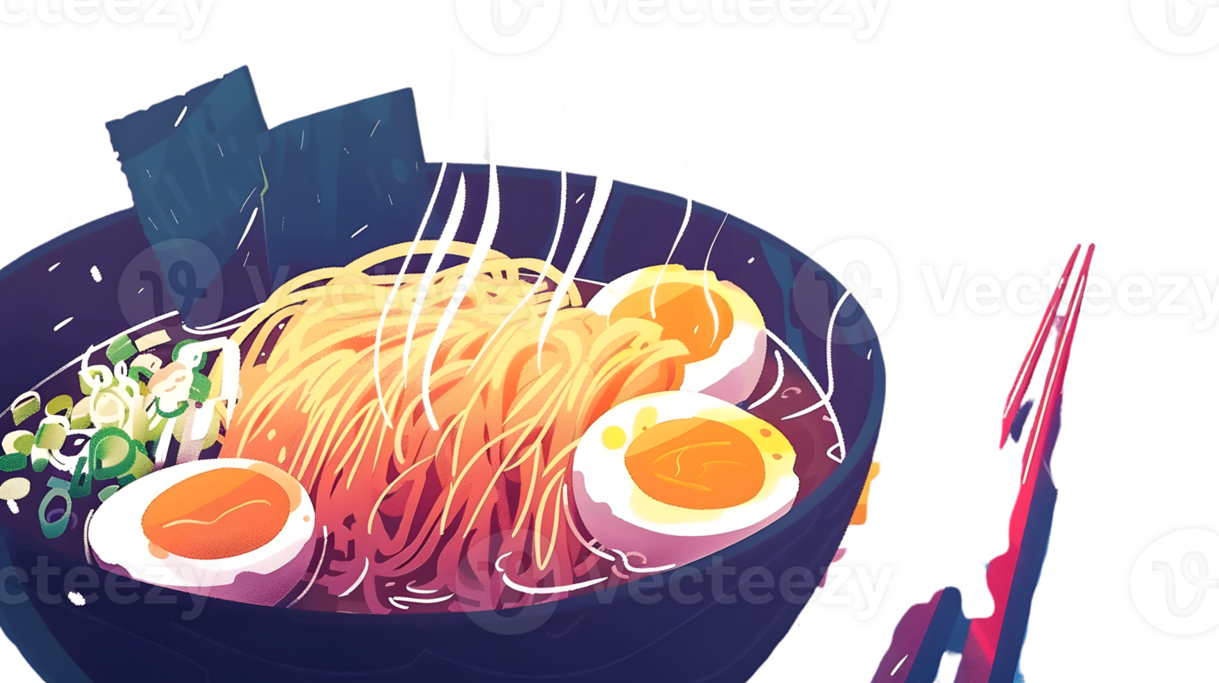 Ramen Noodles in Bowl Steaming Broth Soft Boiled Eggs Asian Cuisine Illustration png
