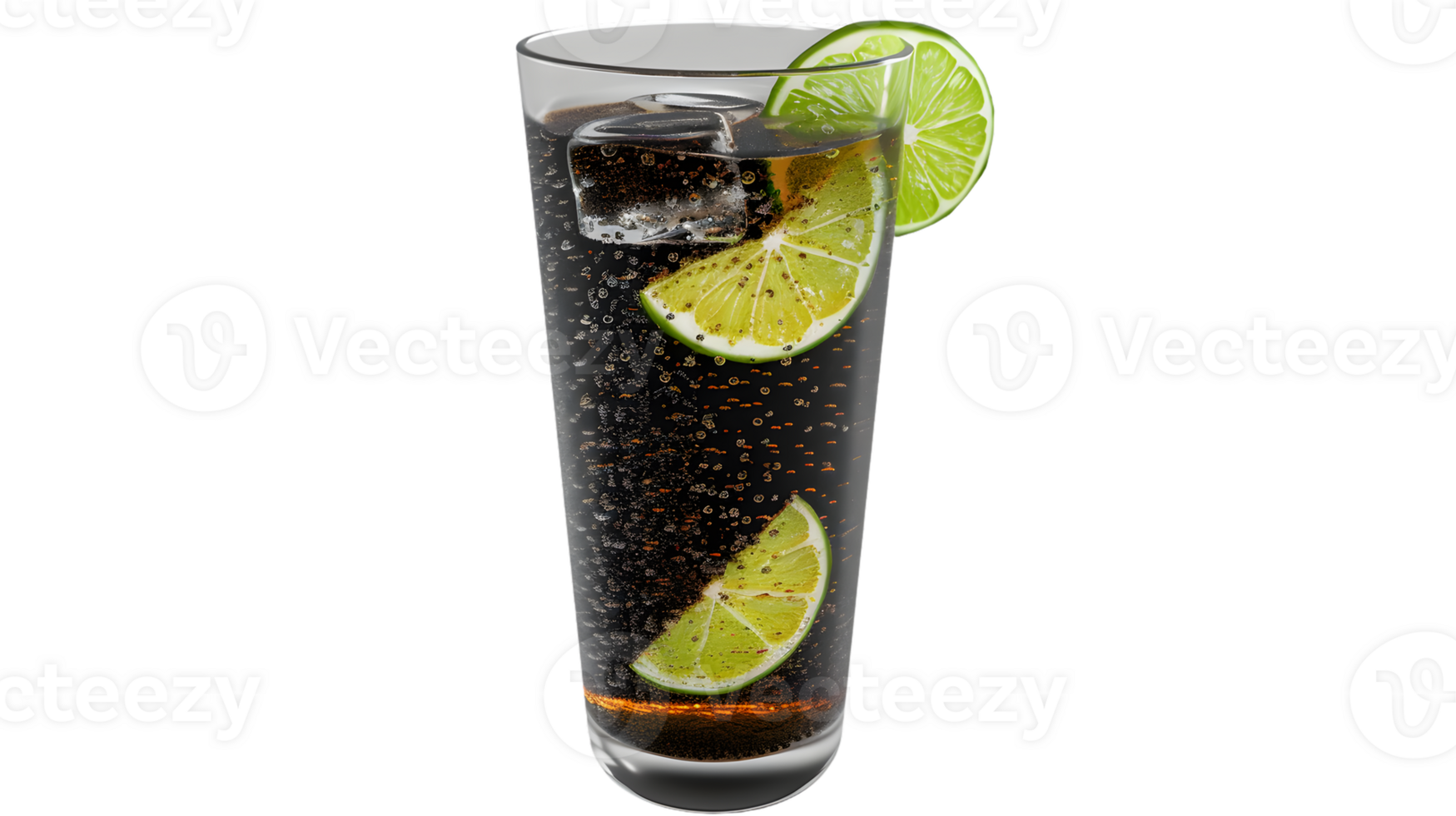 Refreshing Carbonated Beverage with Lime Slices and Ice Cubes in a Tall Glass png
