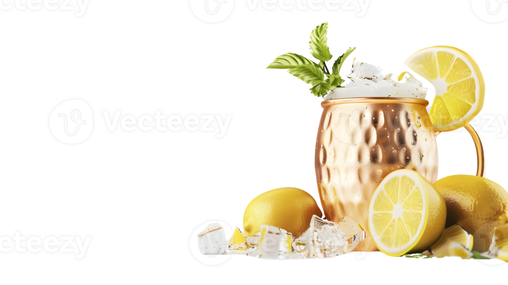 Refreshing Citrus Beverage in a Hammered Metal Mug with Ice and Herbs png