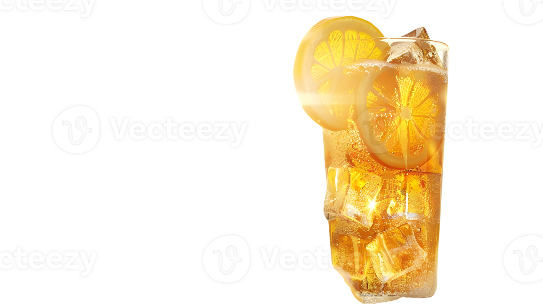 Refreshing Citrus Beverage with Ice Cubes and Orange Slices in a Glass Perfect for Summer Drin png